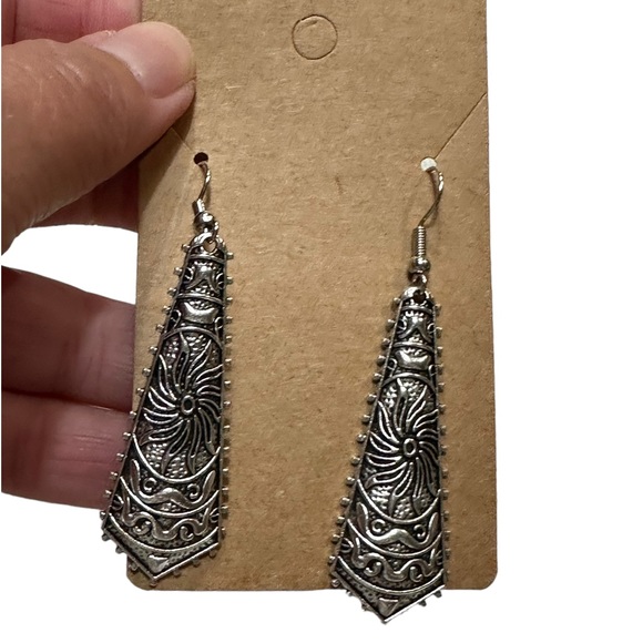 Boho Antique Silver Geometric Embossed Detail Drop Earrings - Picture 4 of 6